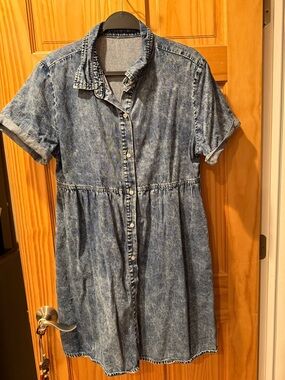 luvamia Women's Casual Short Sleeve Button Down Tiered Denim Babydoll Jean Dress